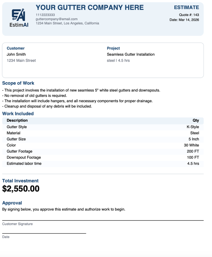 Customer-facing gutter estimate PDF preview